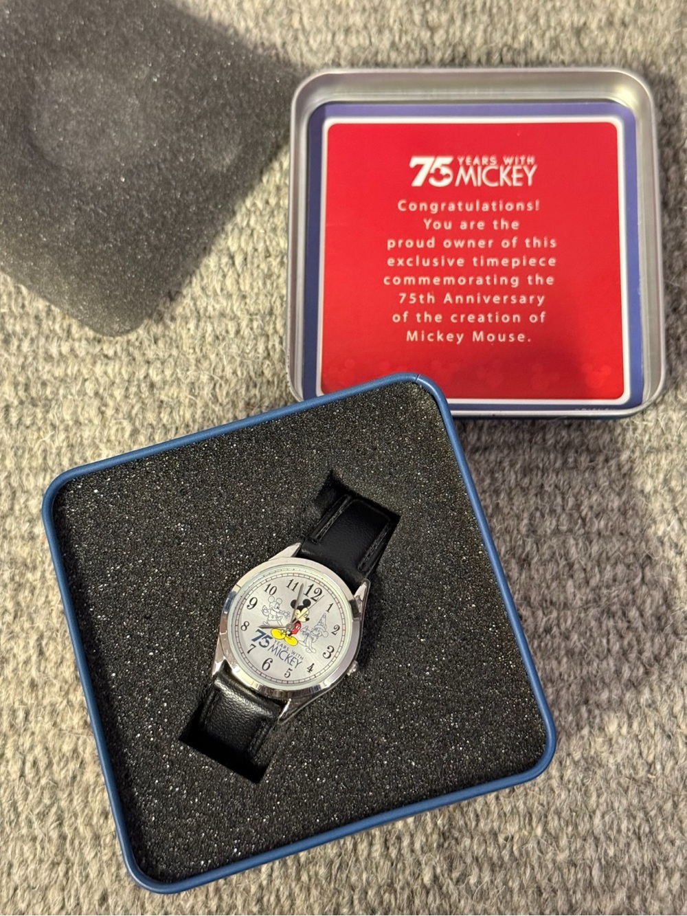 Disney 75th Anniversary Women's Black Leather Strap Watch